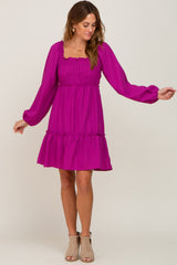 Magenta Textured Shirred Long Sleeve Dress