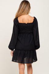 Black Textured Shirred Long Sleeve Maternity Dress