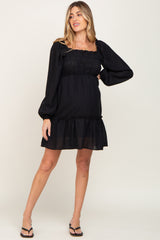 Black Textured Shirred Long Sleeve Maternity Dress