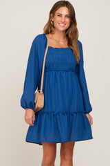 Royal Blue Textured Shirred Long Sleeve Dress