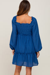 Royal Blue Textured Shirred Long Sleeve Dress