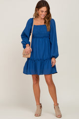 Royal Blue Textured Shirred Long Sleeve Dress