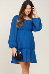 Royal Blue Textured Shirred Long Sleeve Maternity Dress