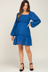 Royal Blue Textured Shirred Long Sleeve Maternity Dress