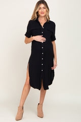 Black Fringe Button Down Maternity Midi Dress