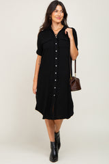 Black Fringe Button Down Maternity Midi Dress