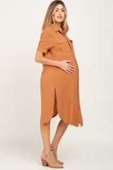 Camel Fringe Button Down Maternity Midi Dress