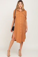 Camel Fringe Button Down Maternity Midi Dress