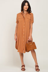 Camel Fringe Button Down Maternity Midi Dress