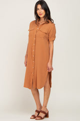 Camel Fringe Button Down Midi Dress