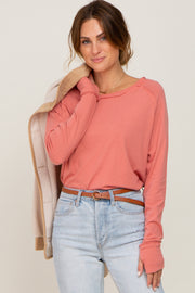 Salmon Distressed Seam Long Sleeve Top