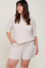 Beige Pocket Front Maternity Plus Pajama Short Set