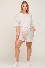 Beige Pocket Front Maternity Plus Pajama Short Set