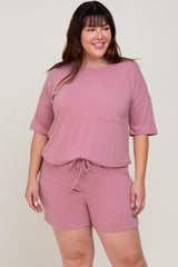 Mauve Pocket Front Maternity Plus Pajama Short Set