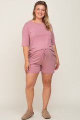 Mauve Pocket Front Maternity Plus Pajama Short Set