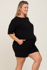 Black Pocket Front Maternity Plus Pajama Short Set