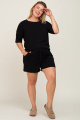 Black Pocket Front Maternity Plus Pajama Short Set