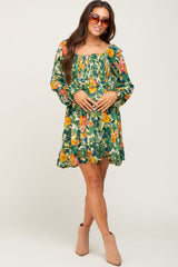 Green Floral Chiffon Ruffle Maternity Dress