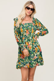 Green Floral Chiffon Ruffle Dress