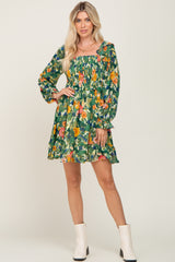 Green Floral Chiffon Ruffle Dress