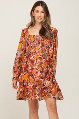 Rust Floral Chiffon Ruffle Maternity Dress