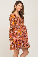 Rust Floral Chiffon Ruffle Maternity Dress