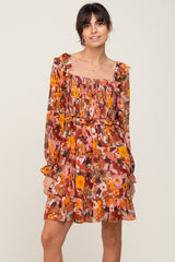 Rust Floral Chiffon Ruffle Maternity Dress