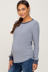 Navy Ribbed Striped Long Sleeve Maternity Top