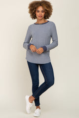 Navy Ribbed Striped Long Sleeve Top