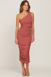 Rust Ribbed One Shoulder Ruched Midi Dress