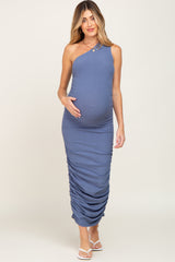 Blue Ribbed One Shoulder Ruched Maternity Midi Dress