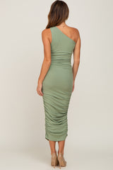 Sage Ribbed One Shoulder Ruched Midi Dress