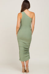 Sage Ribbed One Shoulder Ruched Maternity Midi Dress