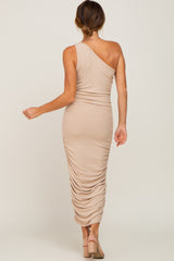 Taupe Ribbed One Shoulder Ruched Midi Dress