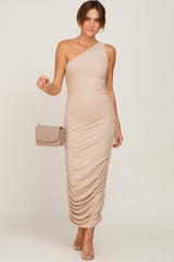 Taupe Ribbed One Shoulder Ruched Midi Dress