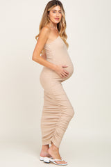 Taupe Ribbed One Shoulder Ruched Maternity Midi Dress