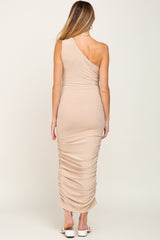 Taupe Ribbed One Shoulder Ruched Maternity Midi Dress