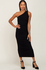 Black Ribbed One Shoulder Ruched Midi Dress