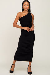 Black Ribbed One Shoulder Ruched Midi Dress