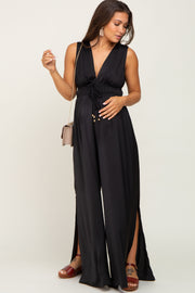 Black Satin Side Slit Maternity Jumpsuit