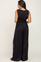 Black Satin Side Slit Maternity Jumpsuit