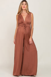 Mocha Satin Side Slit Maternity Jumpsuit