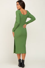 Olive Ribbed Long Puff Sleeve Maternity Midi Dress