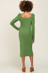 Olive Ribbed Long Puff Sleeve Midi Dress