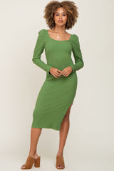 Olive Ribbed Long Puff Sleeve Midi Dress