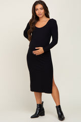 Black Ribbed Long Puff Sleeve Maternity Midi Dress