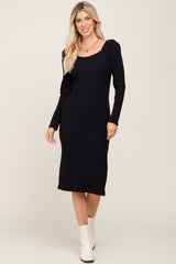 Black Ribbed Long Puff Sleeve Maternity Midi Dress