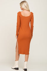 Camel Ribbed Long Puff Sleeve Midi Dress