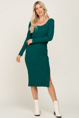 Emerald Ribbed Long Puff Sleeve Midi Dress