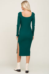 Emerald Ribbed Long Puff Sleeve Midi Dress